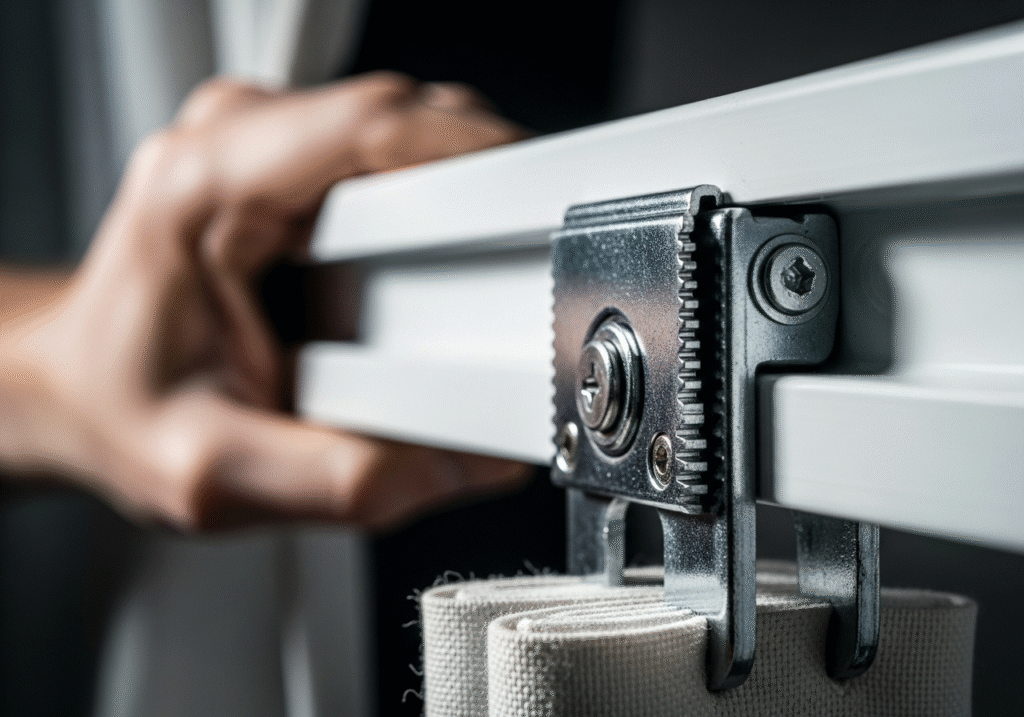 A detailed close-up of a safety brake mechanism engaging inside a curtain track to prevent uncontrolled movement or failure.