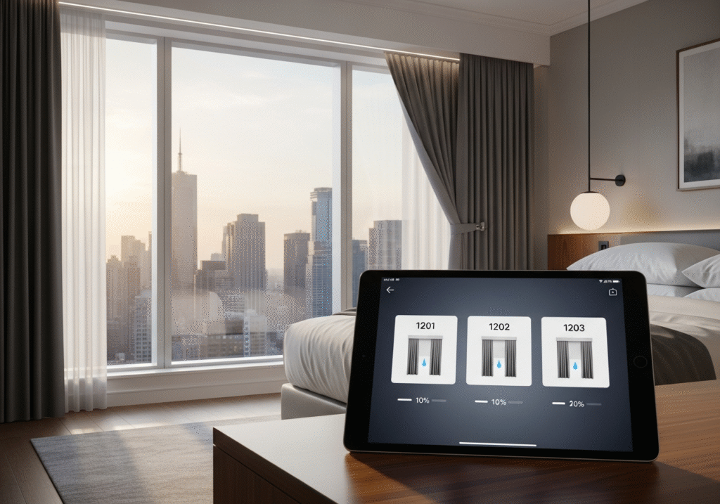 A tablet displaying a control interface for a smart hotel, showing multiple motorized curtains operating in sync, highlighting automation.
