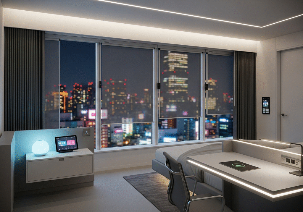 Tokyo urban hotel room with IoT-integrated electric curtain tracks and city lights.