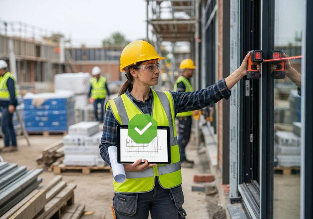 A project manager uses a tablet and a laser measuring tool to verify window dimensions on a construction site, ensuring accuracy before installation.