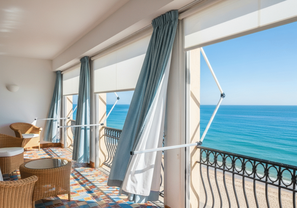 Barcelona seaside hotel room with UV-resistant curtain tracks and ocean views.