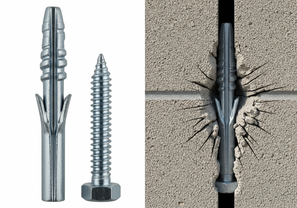A detailed close-up showing a load-rated anchor and screw, alongside a diagram of it securely fastened inside a concrete wall to prevent failure.