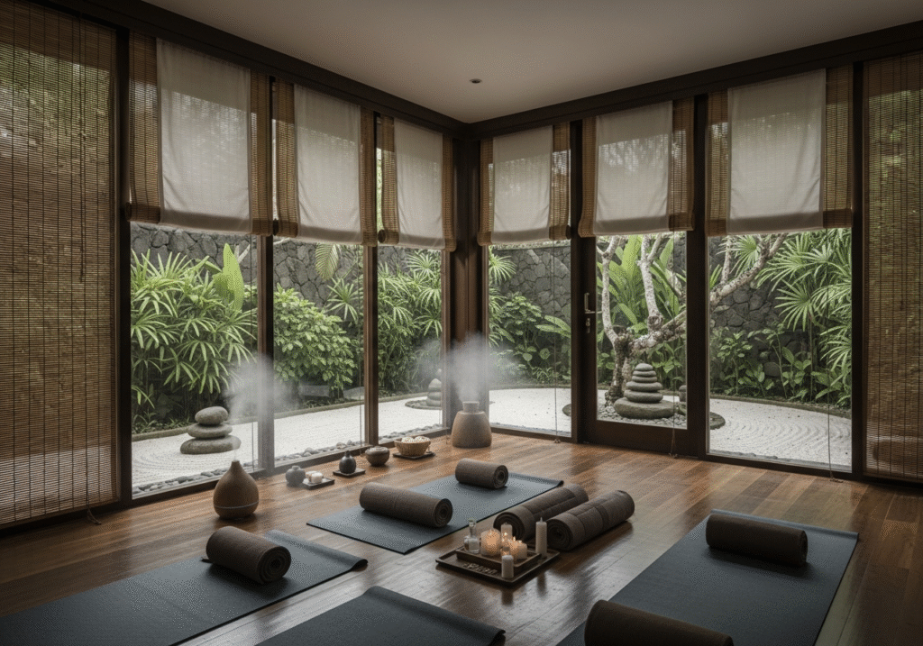 Bali wellness retreat room with silent curtain tracks and zen garden scenery.